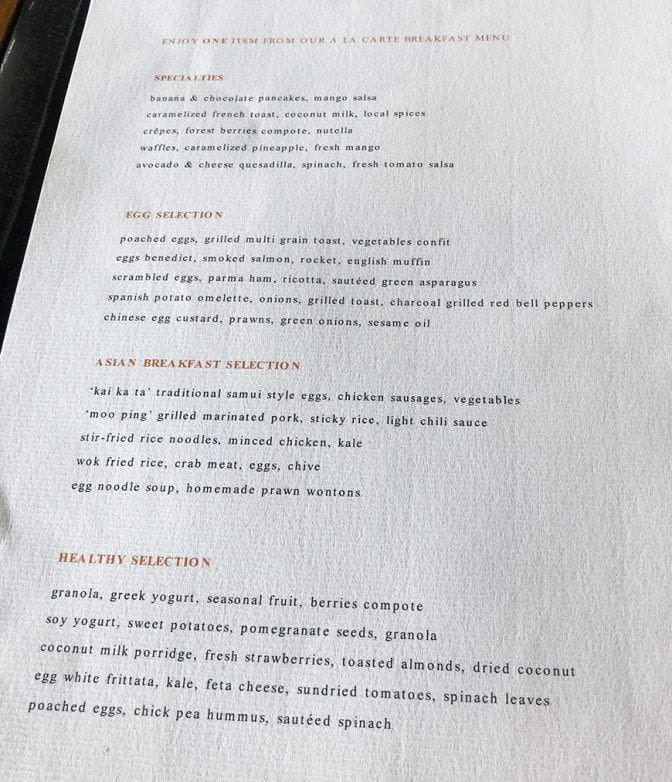 four seasons koh samui review - buffet breakfast menu